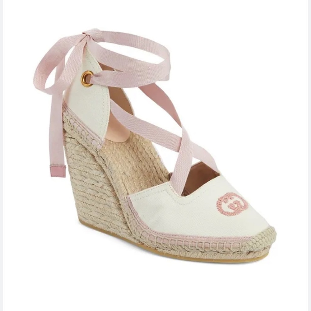 NEW Gucci GG Judie Lace Up Ballerina Espadrille Wedges